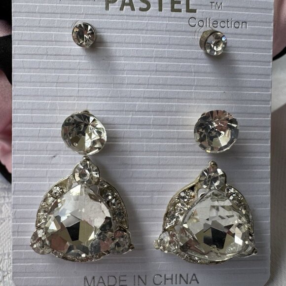 Pastel Rhinestone Silver Tone Dangle Drop CZ Triangle Stud 2 Pair Earrings NEW - Picture 1 of 6